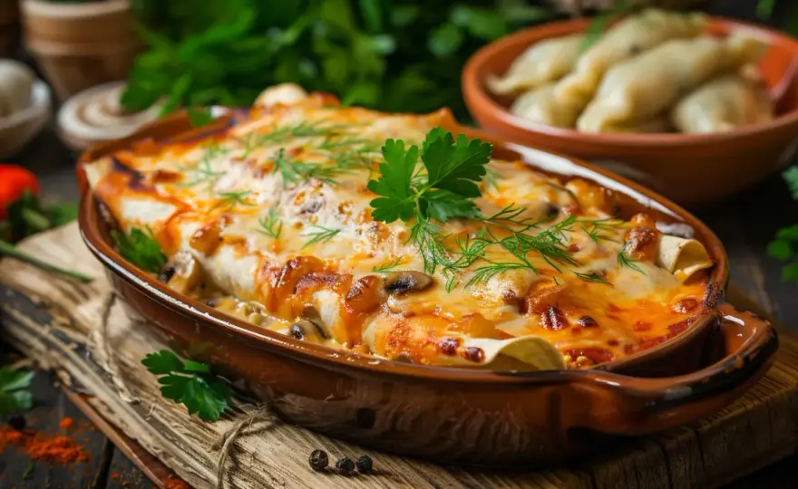 Enchilada lub pierogi z kurczakiem, serem i pieczarkami - pomysł na obiad